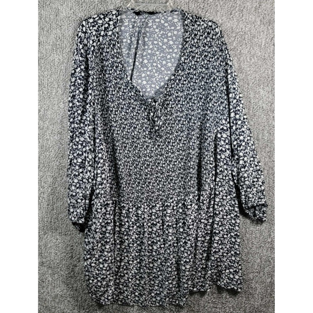 Ulla Popken Floral Print Top V Neck Tunic Plus Size 32/34‎ Black and White